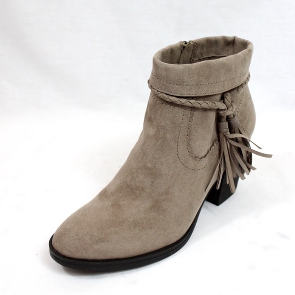 Taupe Suede Tassel Chunky Heeled Almond Toe Bootie - Picture 2 of 4